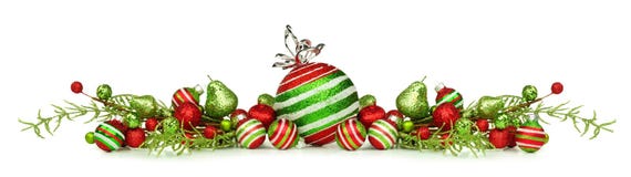 Christmas Border Of Red, Green And White Ornaments And Branches Stock Photos Christmas Border Of Red, Green And White Ornaments And Branches Stock Photos