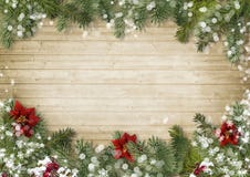 Christmas border with poinsettia onold wood background