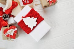 Christmas Boxes Gift Decorated With Red Bows On A White Wooden Background. Flat Lay, Top View Photo Mockup Royalty Free Stock Image
