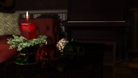 Christmas candle and ornaments over indoor dark background stock images Christmas candle and ornaments over indoor dark background stock images