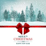 Christmas card with red ribbon bow and forest. Vector