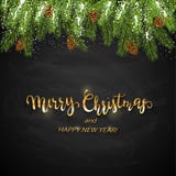 Christmas card and spruce branches with pine cones and snow. Holiday decorations and golden lettering Merry Christmas and Happy. New Year on black chalkboard vector illustration Christmas card and spruce branches with pine cones and snow. Holiday decorations and golden lettering Merry Christmas and Happy. New Year on black chalkboard vector illustration
