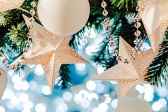 Christmas card star garland, Blue and silver xmas decoration copy space. Merry christmas. royalty free stock image Christmas card star garland, Blue and silver xmas decoration copy space. Merry christmas. royalty free stock image