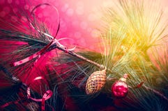Christmas Card With Candle, Spruce Buds And Scenery On Bokeh Royalty Free Stock Photography
