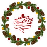 Christmas colorful wreath with holly, pine cones, balls and branches of Christmas tree. New Year`s wreath with lettering royalty free illustration Christmas colorful wreath with holly, pine cones, balls and branches of Christmas tree. New Year`s wreath with lettering royalty free illustration