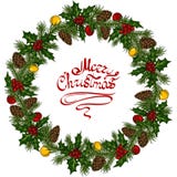 Christmas colorful wreath with holly, pine cones, balls and branches of Christmas tree. New Year`s wreath with lettering royalty free illustration Christmas colorful wreath with holly, pine cones, balls and branches of Christmas tree. New Year`s wreath with lettering royalty free illustration