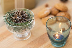 Christmas decoration and candle in glass holder stock images Christmas decoration and candle in glass holder stock images