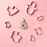Christmas cookies various shape cutter on pink background. Top view. Flat lay. Trendy colorful photo royalty free stock photo Christmas cookies various shape cutter on pink background. Top view. Flat lay. Trendy colorful photo royalty free stock photo