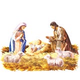 Christmas Crib, Holy Family, Christmas nativity scene with baby Jesus, Mary and Joseph in the manger with sheeps