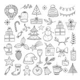 Christmas doodle set. Sketch christmas wreath, fir-tree and snowman, candles. Candies, santa hat and gift boxes vector