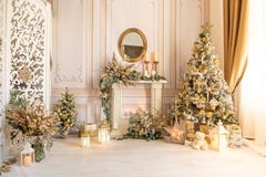 Christmas Elegant interior, beige and gold, decorative stucco.