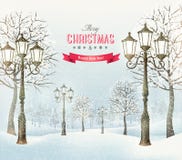 Christmas evening winter landscape with vintage lampposts. vector illustration Christmas evening winter landscape with vintage lampposts. vector illustration