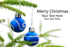 Christmas Fir Tree With Two Blue Christmas Balls With Merry Christmas stock photo Christmas Fir Tree With Two Blue Christmas Balls With Merry Christmas stock photo