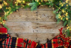 Christmas Flat Lay Frame With A Lights, Fir Branches, Baubles And Plaid. Stock Image