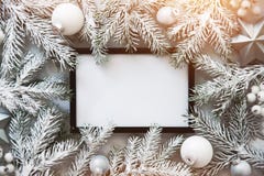 Christmas frame background with xmas tree and xmas decorations. Merry christmas greeting card, banner. Winter holiday theme. stock photos Christmas frame background with xmas tree and xmas decorations. Merry christmas greeting card, banner. Winter holiday theme. stock photos
