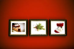 Christmas frames on red wall