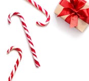 Christmas Gift And Candy Cane. Top View Stock Image