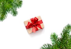 Christmas Gift And Fir Tree Branches. Top View Royalty Free Stock Photography Christmas Gift And Fir Tree Branches. Top View Royalty Free Stock Photography