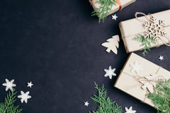 Christmas gift boxes on dark background, flat lay royalty free stock images Christmas gift boxes on dark background, flat lay royalty free stock images