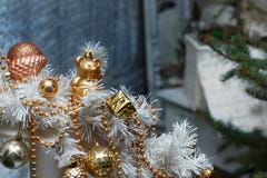 Christmas golden balls, toys and white garland decorations stock photos Christmas golden balls, toys and white garland decorations stock photos
