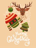 Christmas greeting card with lettering. Vector Christmas greeting card with sweater, reindeer, christmas ball, christmas tree and lettering. Illustration xmas royalty free illustration Christmas greeting card with lettering. Vector Christmas greeting card with sweater, reindeer, christmas ball, christmas tree and lettering. Illustration xmas royalty free illustration