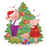 Christmas and Happy New year card with cute lovely family of pigs decorate a xmas tree. Vector illustration isolated on white back royalty free illustration Christmas and Happy New year card with cute lovely family of pigs decorate a xmas tree. Vector illustration isolated on white back royalty free illustration