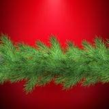 Christmas holiday border with realistic fir tree branches decorations with shadow, on red. EPS 10 stock illustration Christmas holiday border with realistic fir tree branches decorations with shadow, on red. EPS 10 stock illustration