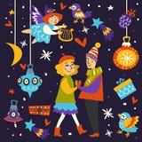Christmas holiday celebration of couple in love surrounded by items royalty free illustration Christmas holiday celebration of couple in love surrounded by items royalty free illustration