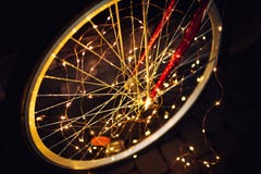 Christmas lights on bike background texture in city stock photography Christmas lights on bike background texture in city stock photography