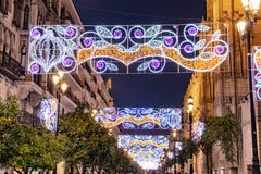 Christmas lights decoration in Constitution avenue, Avenida de la Constitución, in Seville, Andalusia, Spain
