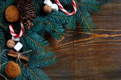 Christmas or New Year background with cookies, spices, cinnamon, nuts and fir tree branch on dark wooden background. Royalty Free Stock Photography Christmas or New Year background with cookies, spices, cinnamon, nuts and fir tree branch on dark wooden background. Royalty Free Stock Photography