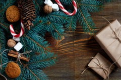Christmas or New Year background with cookies, spices, cinnamon, nuts and fir tree branch on dark wooden background. Royalty Free Stock Images Christmas or New Year background with cookies, spices, cinnamon, nuts and fir tree branch on dark wooden background. Royalty Free Stock Images