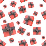 Christmas New Year colorful red gift boxes and hearts with bows of ribbons flying on white background. seamless pattern. 3d illust Royalty Free Stock Image Christmas New Year colorful red gift boxes and hearts with bows of ribbons flying on white background. seamless pattern. 3d illust Royalty Free Stock Image