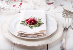 Christmas And New Year Holiday Table Setting with cranberry decoration. Stock Photos Christmas And New Year Holiday Table Setting with cranberry decoration. Stock Photos