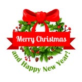 Christmas New Year ribbon vector greeting icon. Merry Christmas and Happy New Year wish icon of red ribbons and holly wreath decoration for winter holiday vector illustration Christmas New Year ribbon vector greeting icon. Merry Christmas and Happy New Year wish icon of red ribbons and holly wreath decoration for winter holiday vector illustration