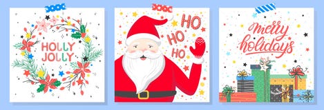 Christmas and New Year typography. Set of holidays cards with greetings,santa,gift boxes,wreath,snowflakes and stars.Seasons greetings perfect for prints vector illustration Christmas and New Year typography. Set of holidays cards with greetings,santa,gift boxes,wreath,snowflakes and stars.Seasons greetings perfect for prints vector illustration