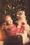 Christmas party, winter holidays woman with cat. New year girl. royalty free stock images Christmas party, winter holidays woman with cat. New year girl. royalty free stock images