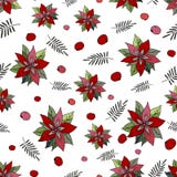 Christmas pattern with red poinsettia and green leaves. Stylish Wallpaper with red flowers and green leaves.Merry christmas stock illustration Christmas pattern with red poinsettia and green leaves. Stylish Wallpaper with red flowers and green leaves.Merry christmas stock illustration