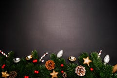 Christmas Pine Tree With Xmas Decoration On Black Background Stock Photography