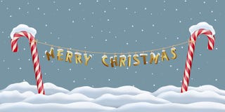 Christmas postcard template. Merry Christmas golden letters hanging between red candy canes on snowing winter background Royalty Free Stock Image Christmas postcard template. Merry Christmas golden letters hanging between red candy canes on snowing winter background Royalty Free Stock Image
