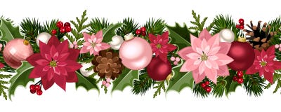 Christmas Seamless Garland With Balls, Holly, Poinsettia And Cones. Vector Illustration. Stock Photos Christmas Seamless Garland With Balls, Holly, Poinsettia And Cones. Vector Illustration. Stock Photos