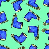 Christmas seamless pattern drawn by hand. Blue skates on a grren background .New year stock illustration Christmas seamless pattern drawn by hand. Blue skates on a grren background .New year stock illustration