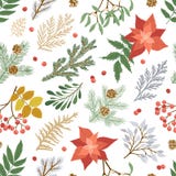 Christmas seamless pattern with plants and flowers. Vector card with poinsettia, holly berries, fir and pine branches
