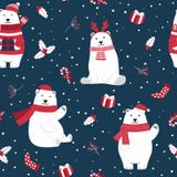 Christmas seamless pattern with polar bear background, Winter pattern with holly berry, wrapping paper, pattern fills