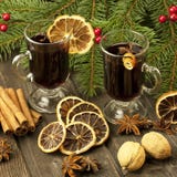 Christmas still life with two glasses of mulled wine