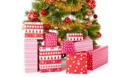 Christmas Tree And Gifts. Over White Background Stock Photos
