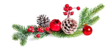 Christmas Tree Branch With Berries, Pine Cone And Red Ball Isolated On White Background. Xmas Garland. New Year Decoration Royalty Free Stock Images