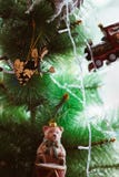 Christmas tree decorated with vintage toys, close up, fairy, bear, train vector illustration Christmas tree decorated with vintage toys, close up, fairy, bear, train vector illustration