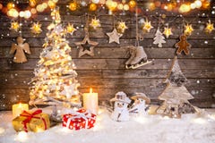 Christmas Tree Decoration On Wooden Background Stock Photo