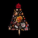 Christmas tree made with various Christmas food, isolated on black royalty free stock photo Christmas tree made with various Christmas food, isolated on black royalty free stock photo